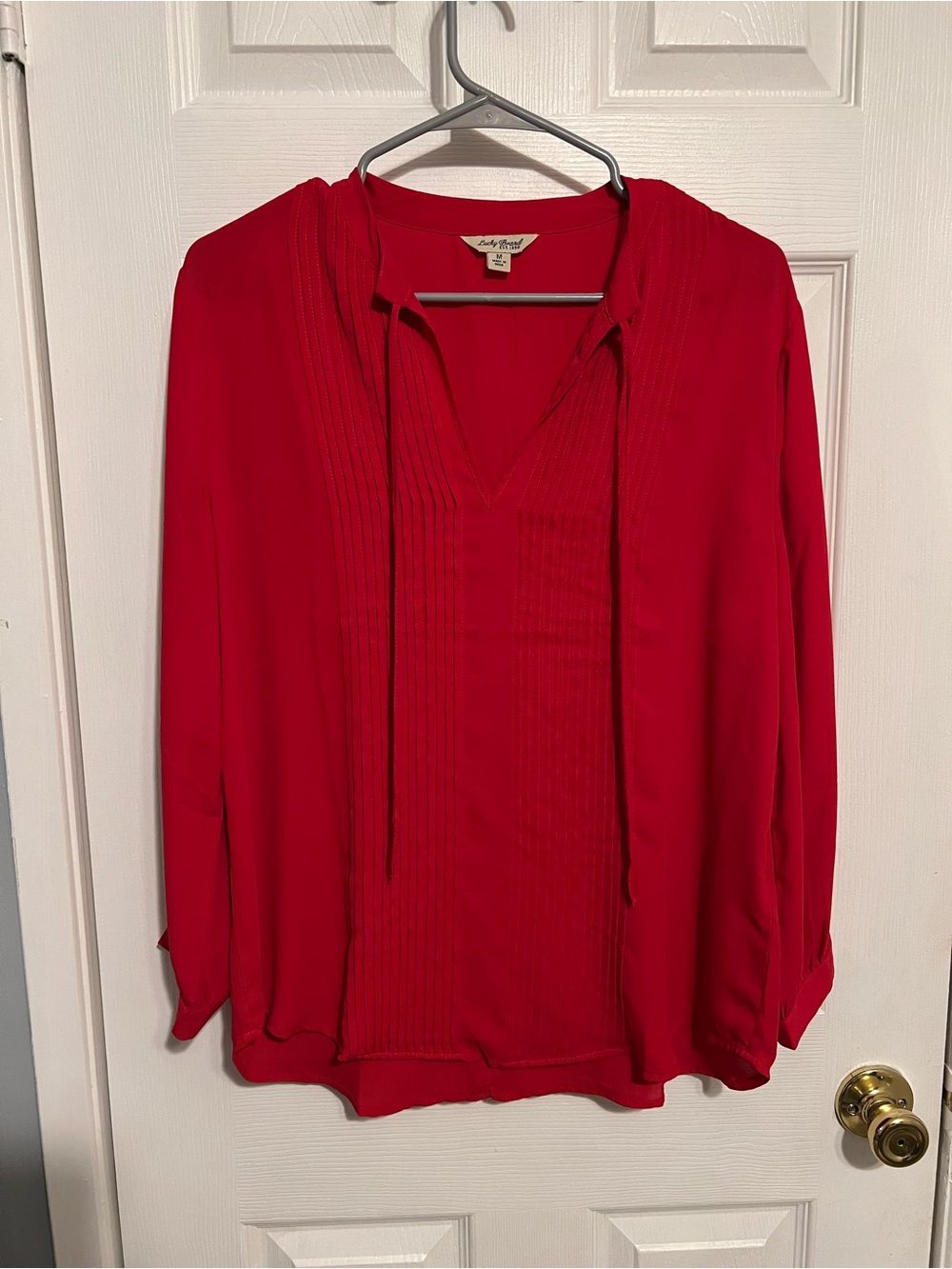 Lucky Brand Red V-Neck Pintuck Tie Front Blouse